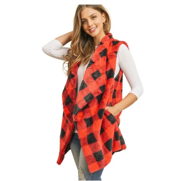 🔥🔥🆕FUR VEST RED BUFFALO PLAID VEST - Picture 3 of 4